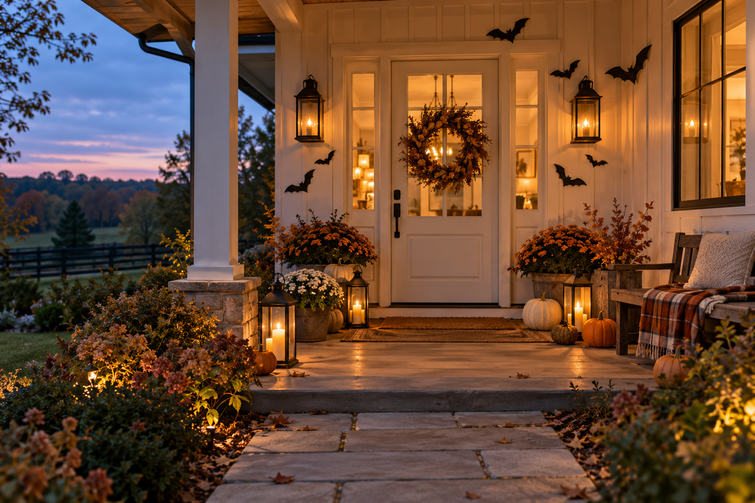 Cozy country porch at twilight with pumpkins, black paper bats, warm lantern light and a plaid throw
