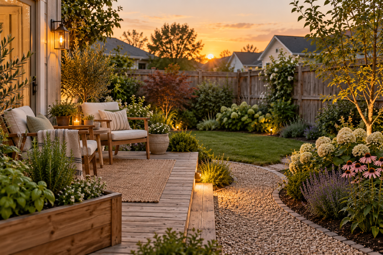 Small suburban backyard with a wood deck, cream chairs, leafy garden borders and a curved gravel path at sunset