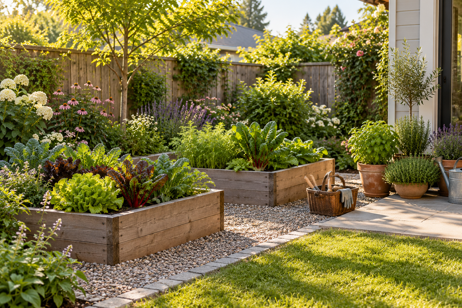 Two compact wooden raised beds growing vegetables beside potted herbs and a wooden privacy fence