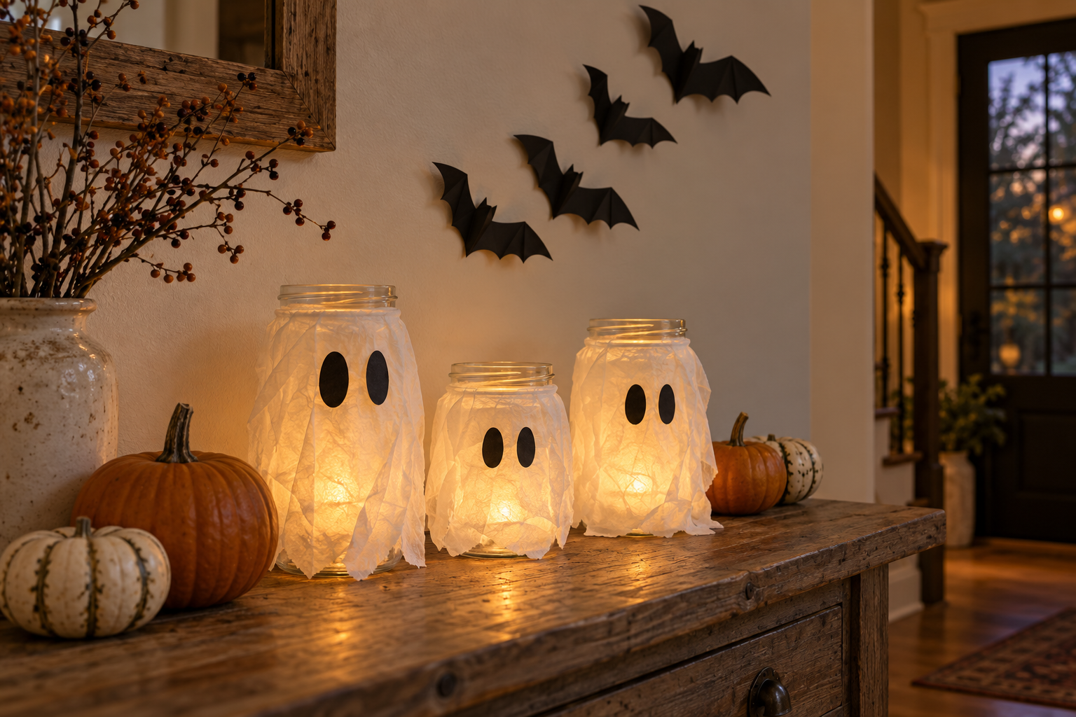 Three glowing tissue-paper ghost jars with black eyes beneath folded paper bats on a country entry table