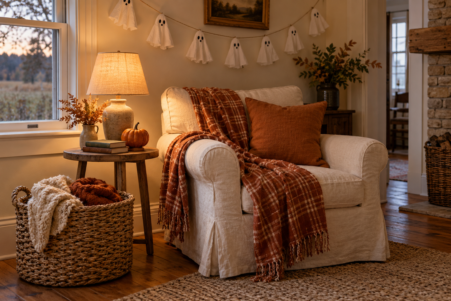 Cream armchair with a rust plaid throw, basket of blankets and white ghost garland in a cozy country room