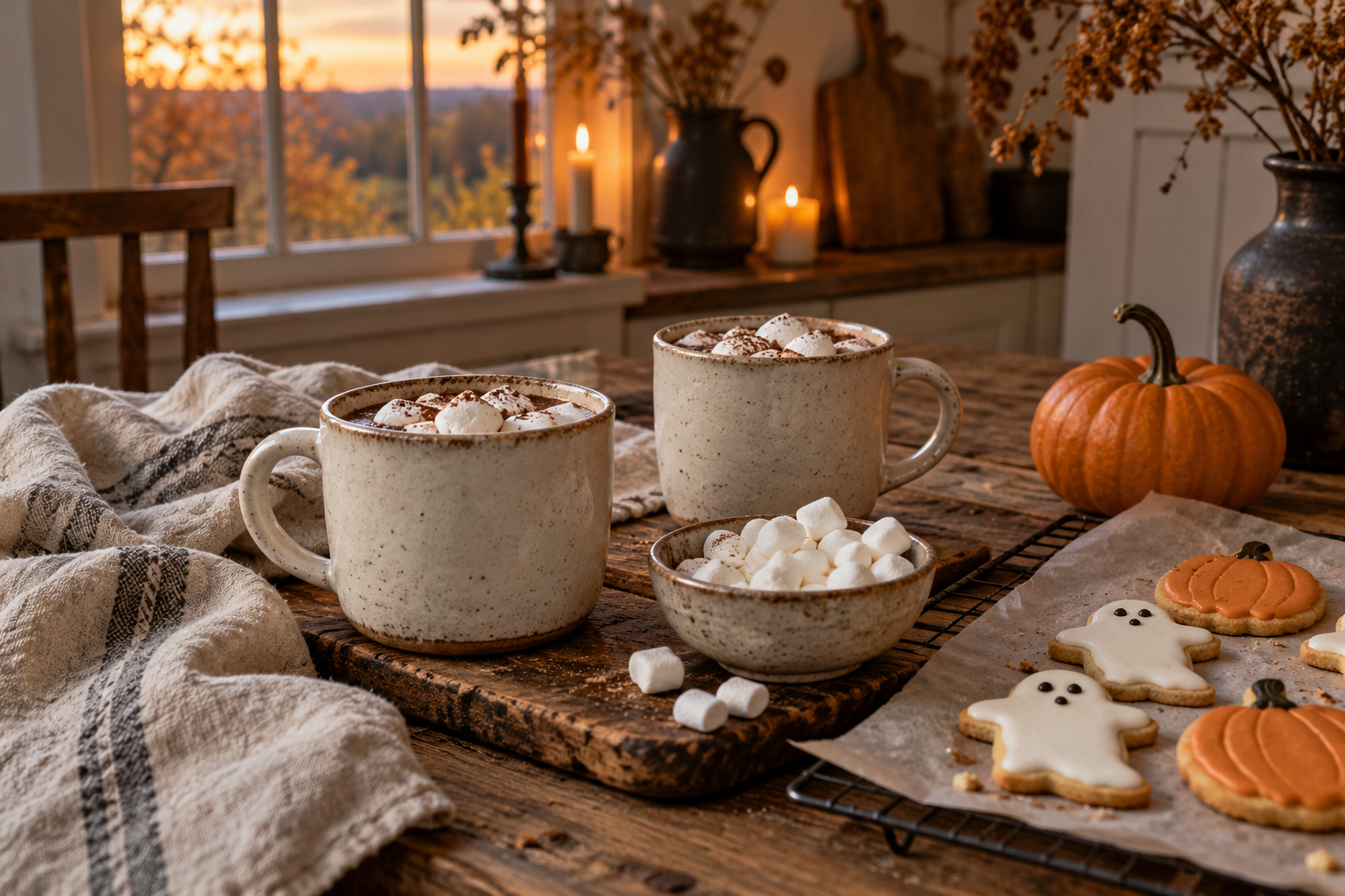 Cream mugs of cocoa with marshmallows and homemade ghost and pumpkin cookies on a rustic table