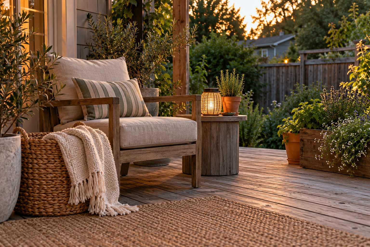 Wooden deck chair with cream cushions, a woven basket and throw beside herbs and a glowing lantern